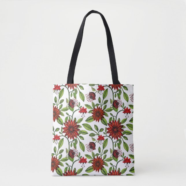 Tote Bag Fleurs rouges abstraites et feuilles verts sur fon (Devant)