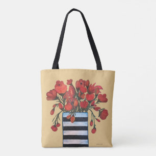 Tote Bag Fleurs rouges avec des beaux-arts rayés de vase