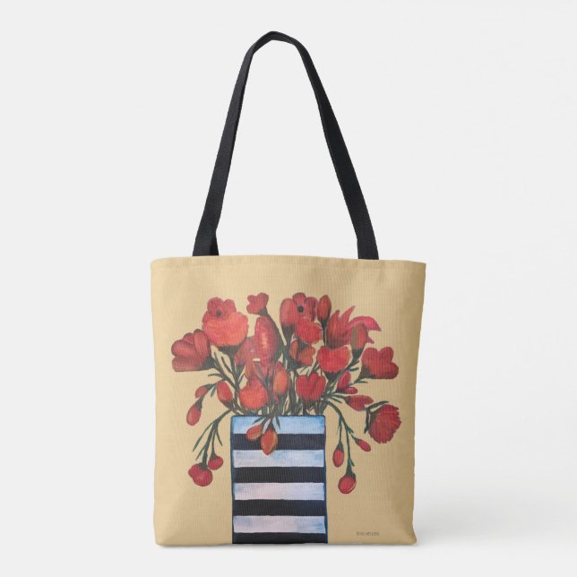 Tote Bag Fleurs rouges avec des beaux-arts rayés de vase (Dos)