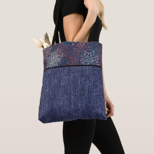 Tote Bag Fleurs rouges, blanches et bleues et denim