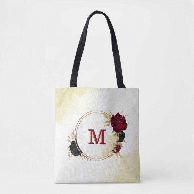 Tote Bag fleurs rouges noires or feuilles (Devant)