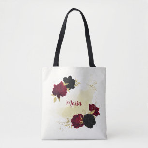 Tote Bag fleurs rouges noires or feuilles