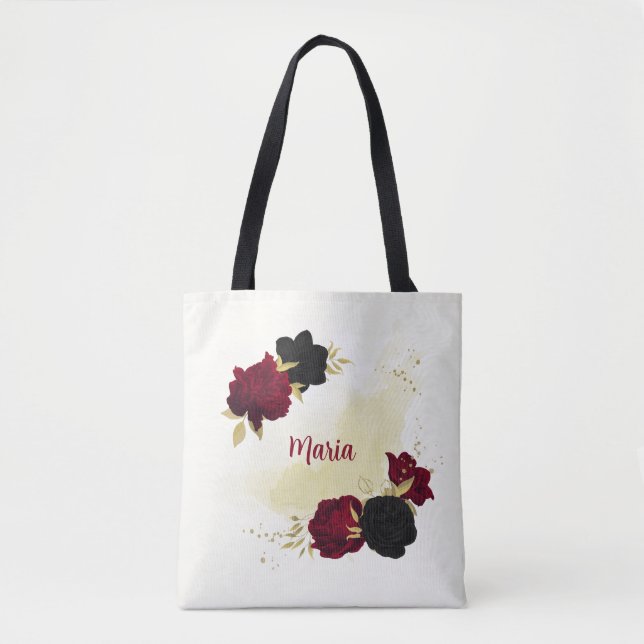 Tote Bag fleurs rouges noires or feuilles (Devant)