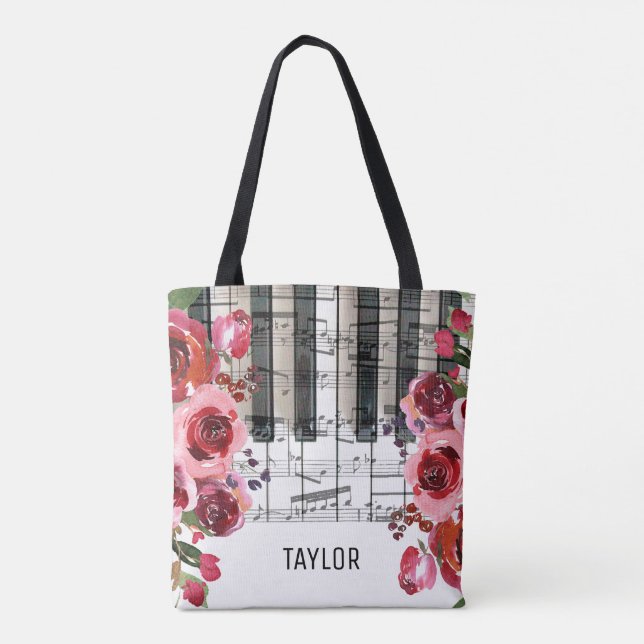 Tote Bag fleurs rouges notes de musique piano (Dos)