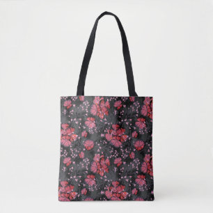 Tote Bag Fleurs rouges sur un arrière - plan gris-noir.