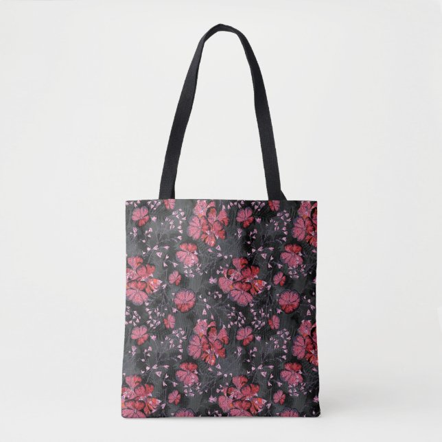 Tote Bag Fleurs rouges sur un arrière - plan gris-noir. (Devant)