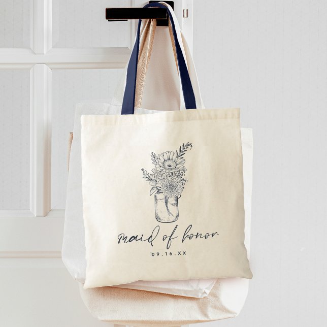 Tote Bag Fleurs Rustiques Pot en Matière Calligraphiée Demo (Rustic Flowers Mason Jar Calligraphy Maid of Honor Tote Bag)