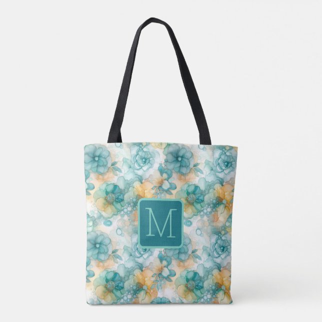 Tote Bag Fleurs sarcelle et jaune, monogramme en bloc de co (Dos)