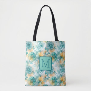 Tote Bag Fleurs sarcelles et jaunes, monogramme en bloc de