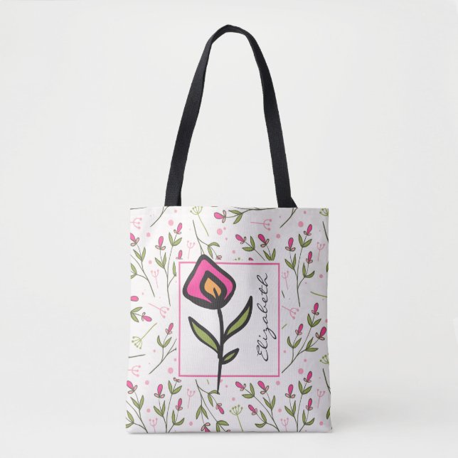 Tote Bag Fleurs sauvages à longue tige rose et vert Personn (Devant)