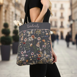 Tote Bag Fleurs sauvages aquarelle bohème florale au charbo