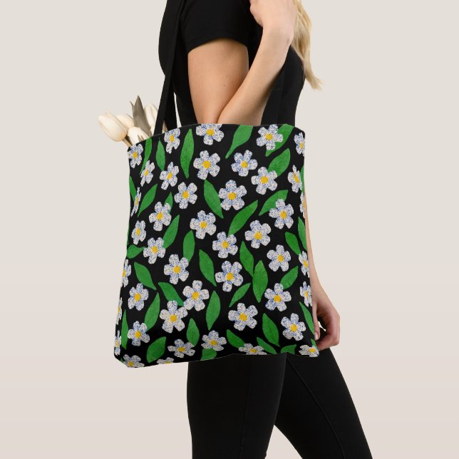 Tote Bag Fleurs sauvages bleues blanches vertes  (De près)