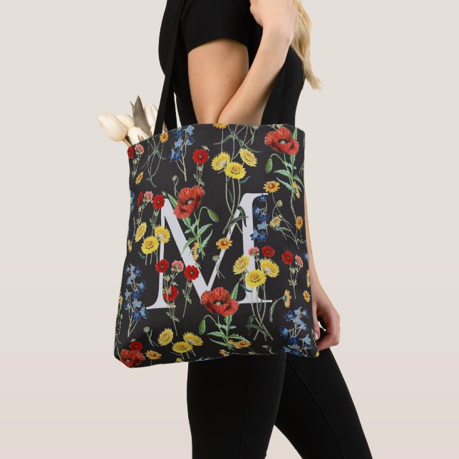 Tote Bag Fleurs Sauvages Botaniques Élégantes avec Monogram (De près)