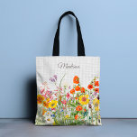 Tote Bag Fleurs Sauvages Colorées Jolie Fille Personnalisée<br><div class="desc">Ce design chic et élégant présente de jolies fleurs sauvages colorées avec votre nom personnalisé sur un arrière - plan en lin blanc.</div>