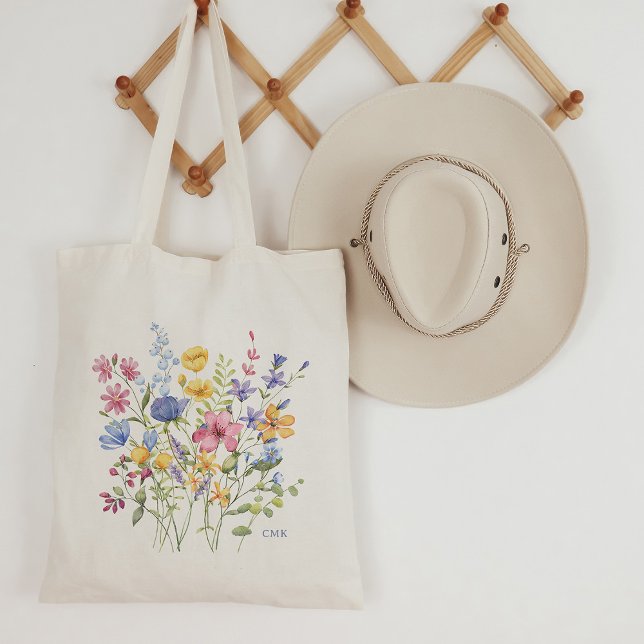 Tote Bag Fleurs sauvages colorés tendance avec Monogramme (A trendy, boho tote bag she'll love. A bouquet of colorful wildflowers with her monogram or initials)