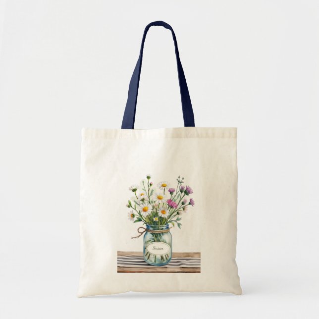 Tote Bag Fleurs sauvages dans un pot Mason avec nom personn (Devant)