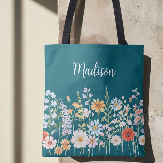 Tote Bag Fleurs Sauvages Floral Botanique Aquarelle Monogra (Créateur téléchargé)