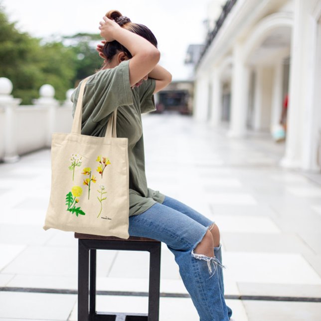Tote Bag Fleurs sauvages jaunes délicats en aquarelle 1 côt (Créateur téléchargé)