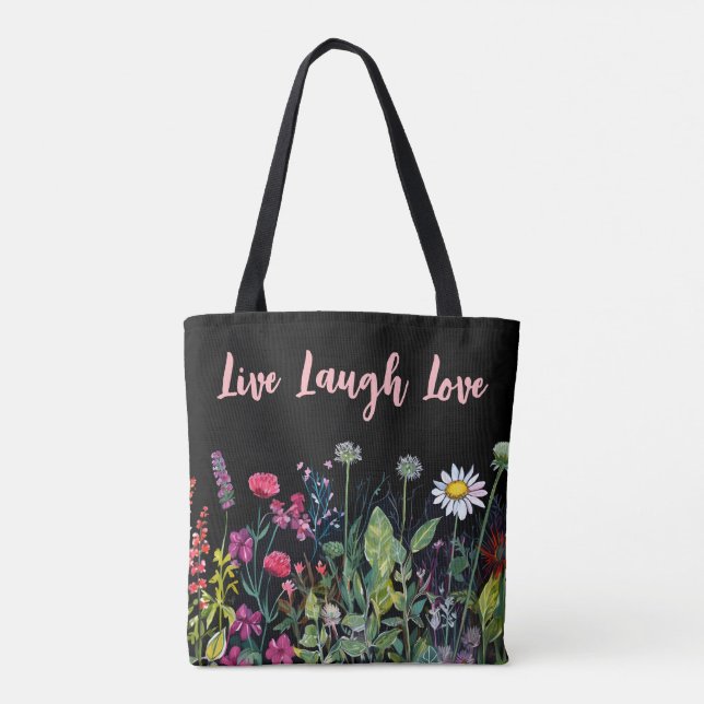 Tote Bag Fleurs sauvages multicolores d'aquarelle sur noir (Dos)