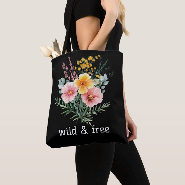 Tote Bag Fleurs sauvages rose jaune aquarelle sauvage et li (De près)