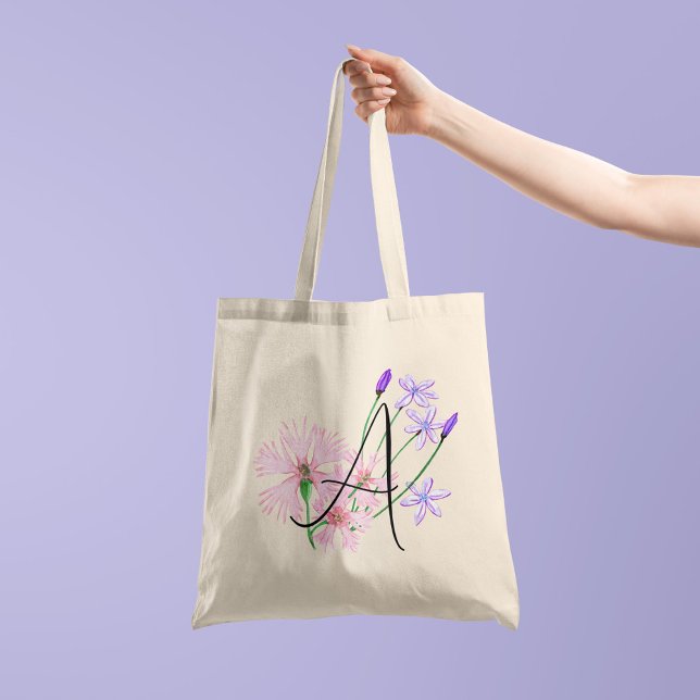 Tote Bag Fleurs sauvages rose tendre avec votre initiale su (Créateur téléchargé)