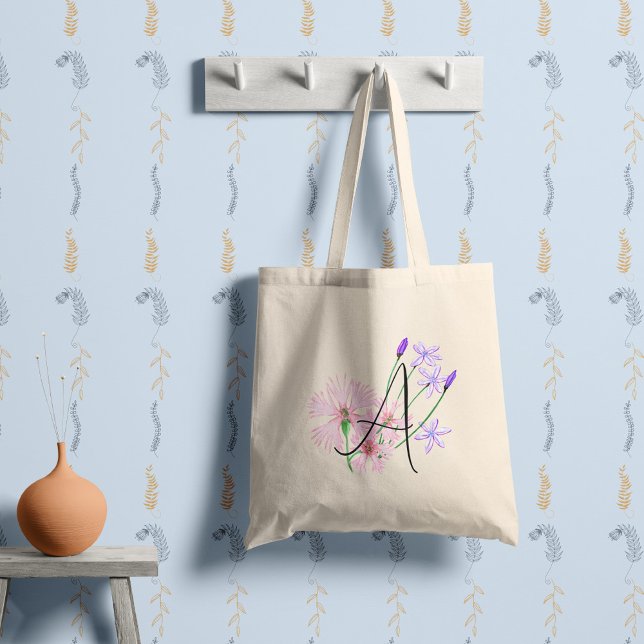 Tote Bag Fleurs sauvages rose tendre et lilas avec votre in (Créateur téléchargé)