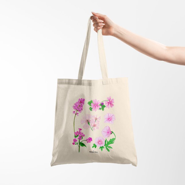 Tote Bag Fleurs sauvages roses en aquarelles (Hand bag with hand painted watercolor flowers)