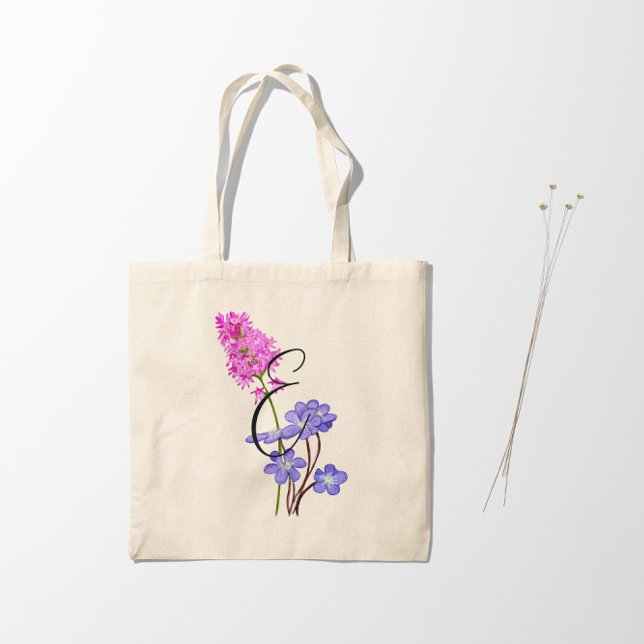 Tote Bag Fleurs sauvages roses et lilas avec initiale 1 côt (Beautiful bag with hand-painted flowers and personalized initial)