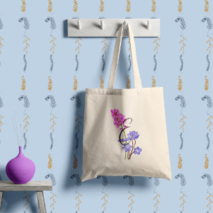 Tote Bag Fleurs sauvages roses et lilas avec votre initiale