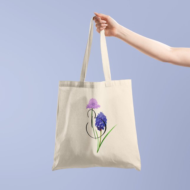 Tote Bag Fleurs sauvages violets avec votre 1 côté initial (Créateur téléchargé)