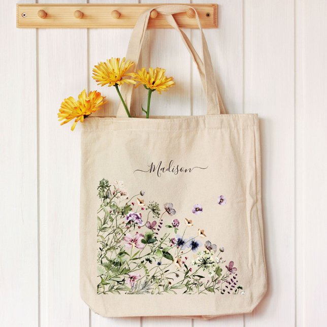 Tote Bag Fleurs sauvages violettes aquarelle  (In situ)