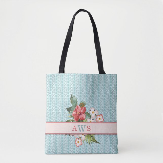 Tote Bag Fleurs tropicales Aqua/Coral Personnalisé (Devant)