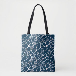 Tote Bag Fleurs tropicales bleu foncé et blanc