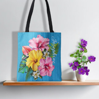 Tote Bag Fleurs tropicales Bois bleu Personnalisé AOP