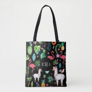 Tote Bag Fleurs tropicales colorées Animaux et feuilles Mot