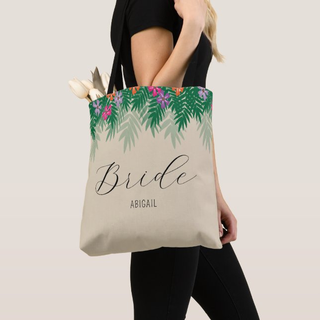 Tote Bag Fleurs tropicales et branches de palmiers Bride (De près)
