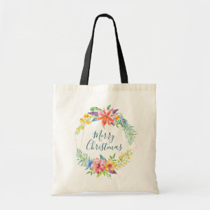 Tote Bag Fleurs tropicales et cadre géométrique Joyeux Noël