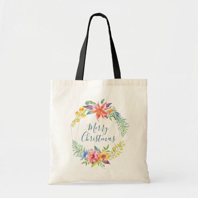 Tote Bag Fleurs tropicales et cadre géométrique Joyeux Noël (Devant)