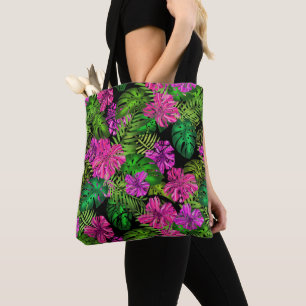 Tote Bag Fleurs tropicales et plantes en noir