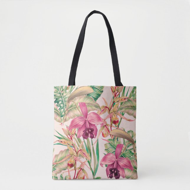 Tote Bag Fleurs tropicales, fleur d'orchidées, feuilles de  (Devant)