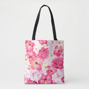 Tote Bag Fleurs tropicales roses et blanches