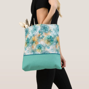 Tote Bag Fleurs turquoises et jaunes Bloc de couleur d'encr