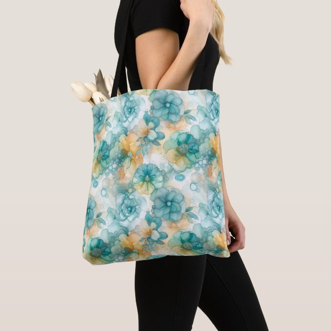 Tote Bag Fleurs turquoises et jaunes Illustration de l'encr (De près)