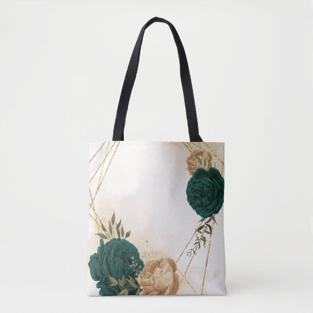 Tote Bag fleurs vert émeraude et or beige (Devant)