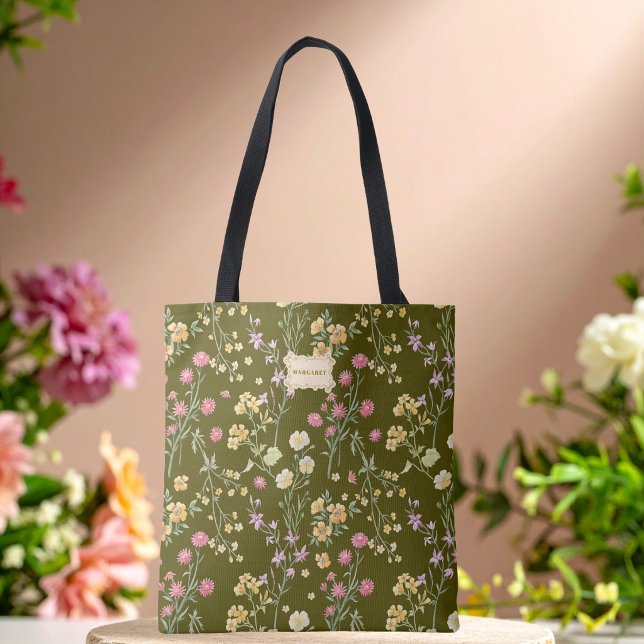 Tote Bag Fleurs vert olive Jardin tendance unique (Créateur téléchargé)