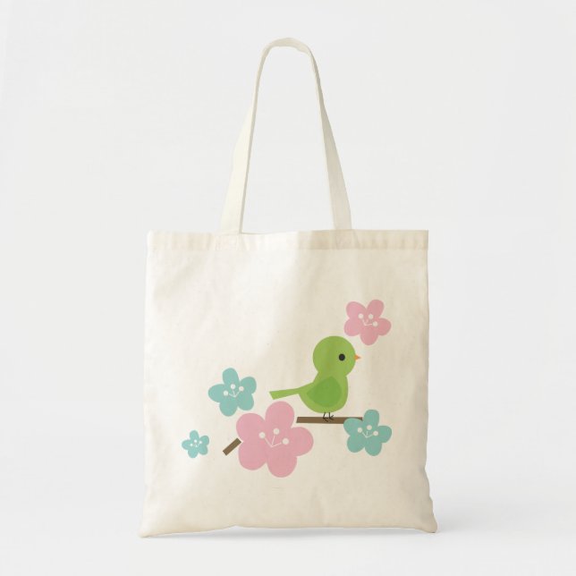 Tote Bag Fleurs vertes d'oiseau et de cerise (Devant)