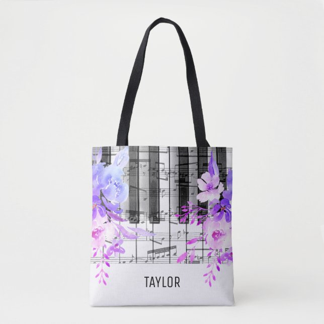 Tote Bag fleurs violettes bleues notes de musique piano (Devant)