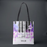 Tote Bag fleurs violettes bleues notes musicales piano<br><div class="desc">nom personnalisé musique florale notes piano sac</div>