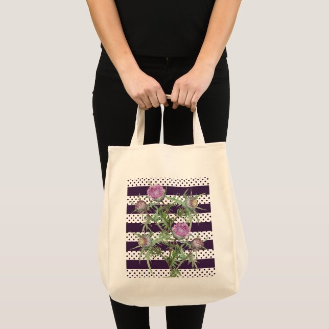 Tote Bag Fleurs violettes de chardon et rayures violettes (Devant (produit))