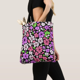 Tote Bag Fleurs violettes et roses et motif de pétales noir